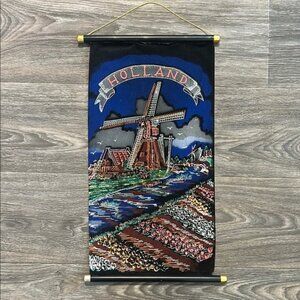 Vintage Tapestry Souvenir Hanging Holland Netherlands Velvet Scroll Wall Art 70s